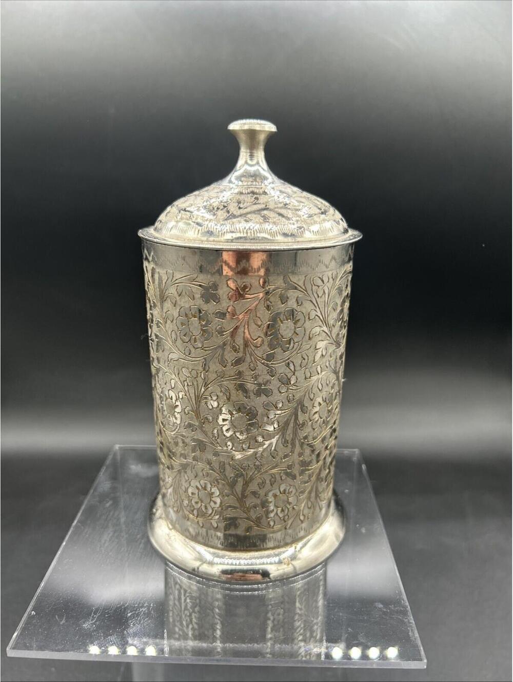 Vintage Silver-Plated Floral Etched Lidded Container or Jar for Vanity or Decor